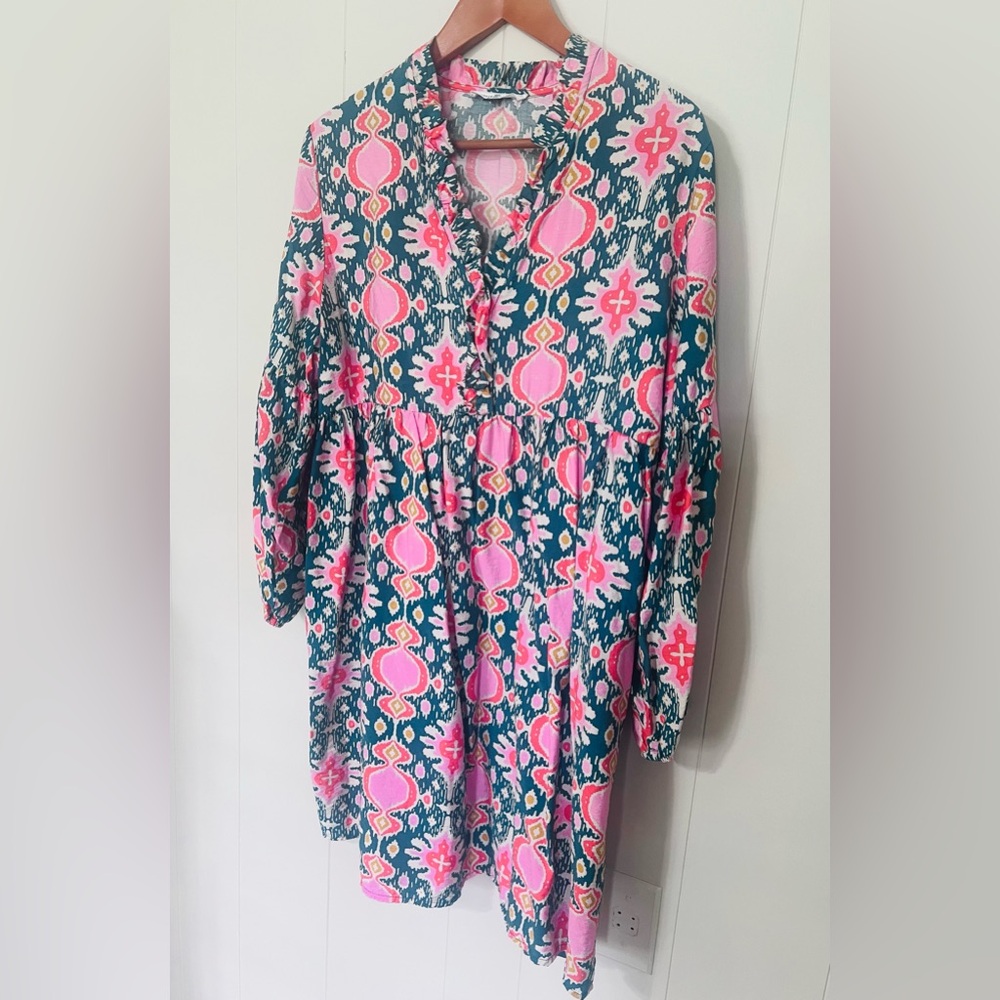 Pink and Dark Teal Patterned Midi Dress